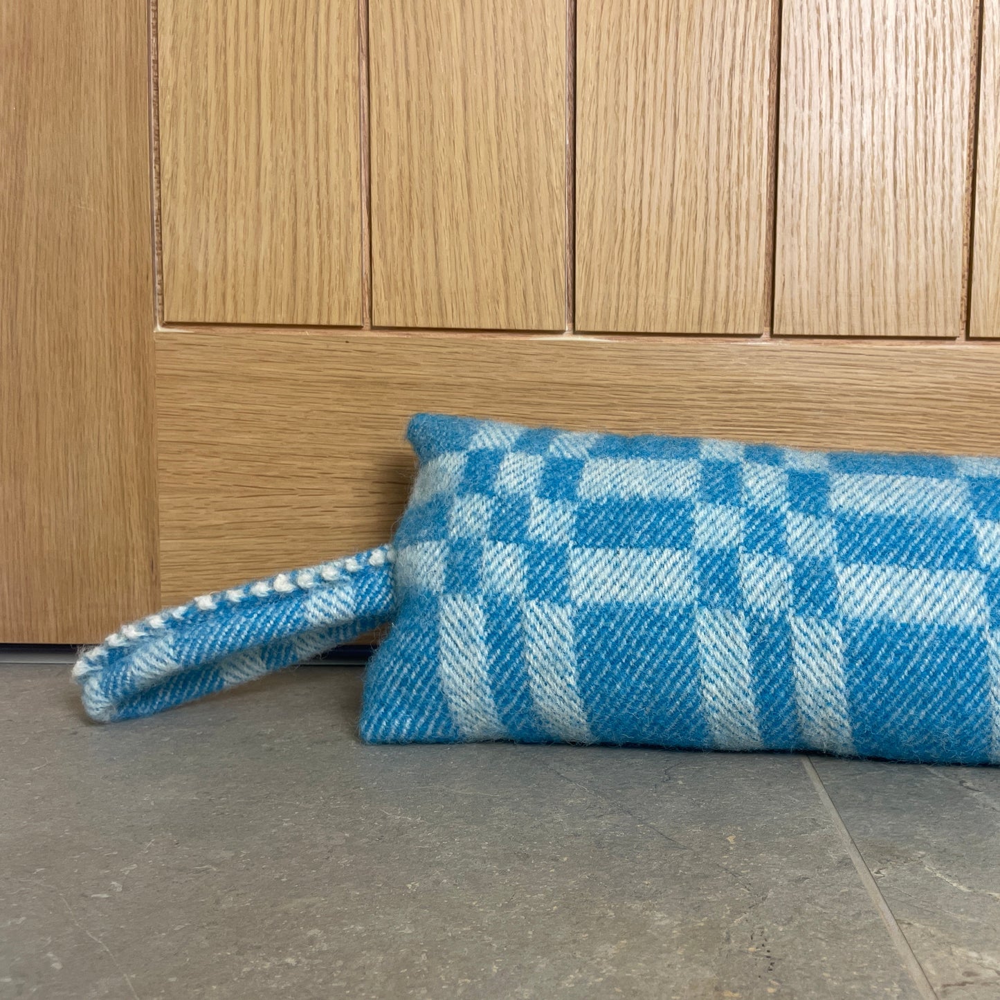 Pure Wool Draught Excluder (Sky Blue Geometric)