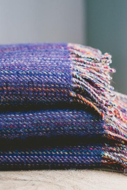 Pure Wool Herringbone Throw Blanket (Deep Blue)