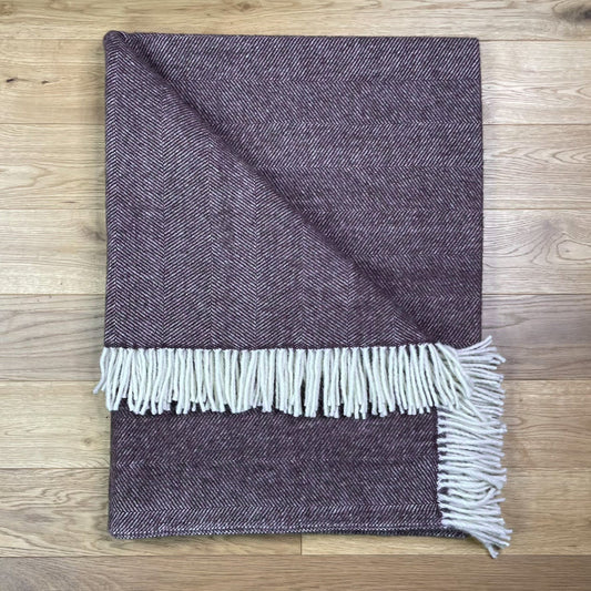 Pure Wool Herringbone Throw Blanket (Dusty Plum, Size: 200x146cm)