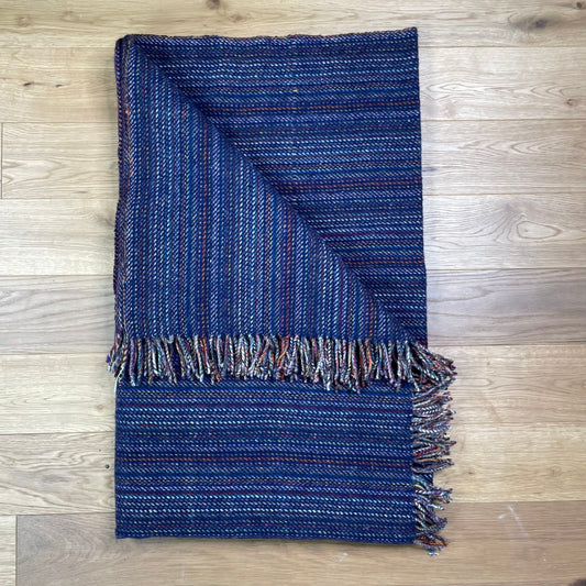 Pure Wool Herringbone Throw Blanket (Deep Blue)