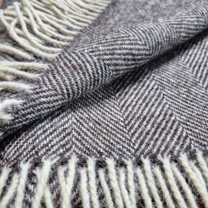 Pure Wool Throw Blanket | Herringbone | Dark Grey Natural
