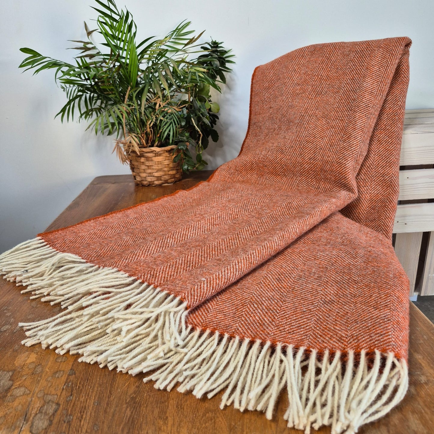 Pure Wool Throw Blanket | Herringbone | Burnt Orange