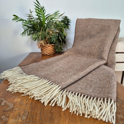 Pure Wool Throw Blanket | Herringbone | Cotswold Brown