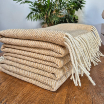 Pure Wool Throw Blanket | Herringbone | Moorland Grass / Taupe