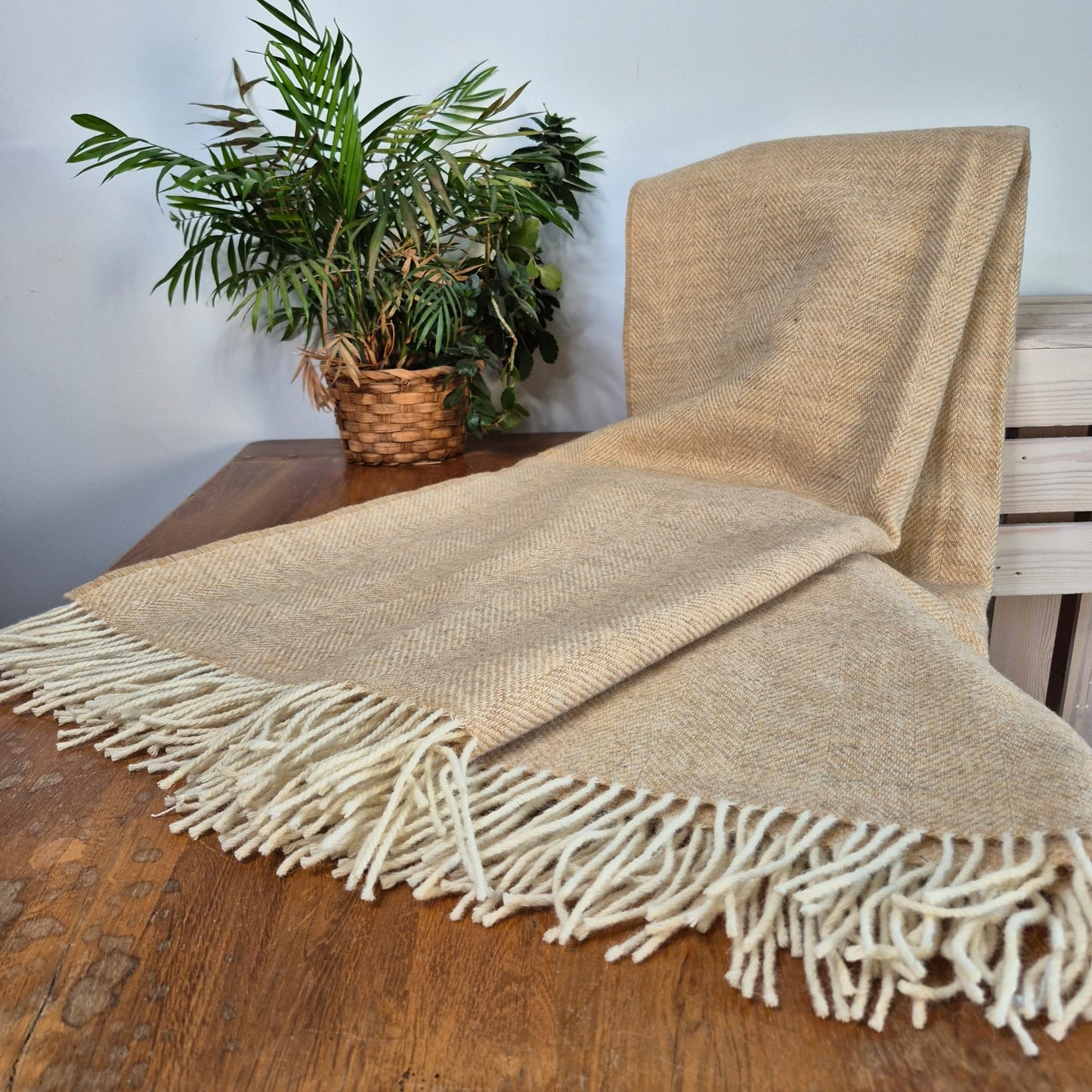 Pure Wool Throw Blanket | Herringbone | Moorland Grass / Taupe