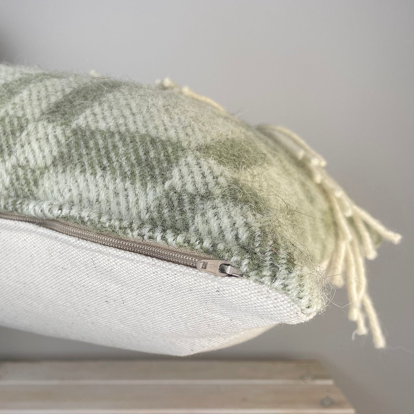 Pure Wool Cushion | Moss Green Geometric w/Fringe
