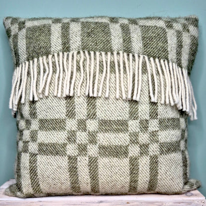Pure Wool Cushion | Moss Green Geometric w/Fringe