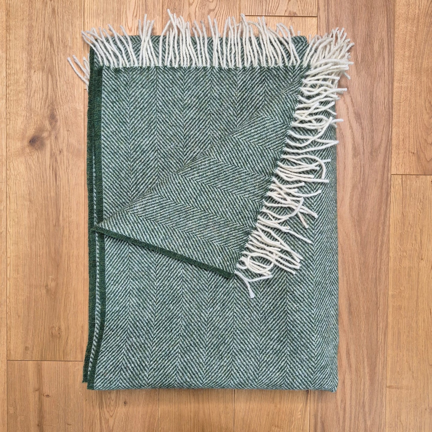 Pure Wool Throw Blanket | Herringbone | Celtic Green