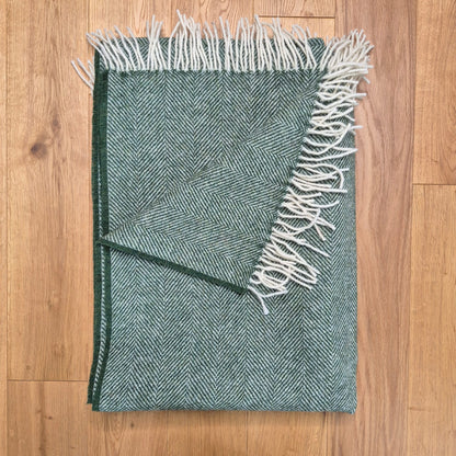 Pure Wool Throw Blanket | Herringbone | Celtic Green
