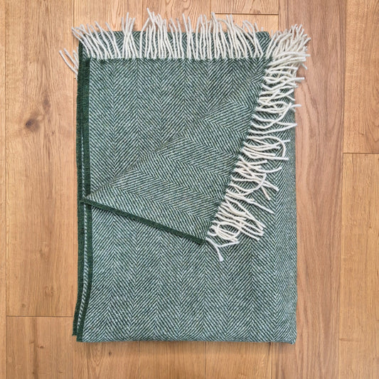 Pure Wool Throw Blanket | Herringbone | Celtic Green
