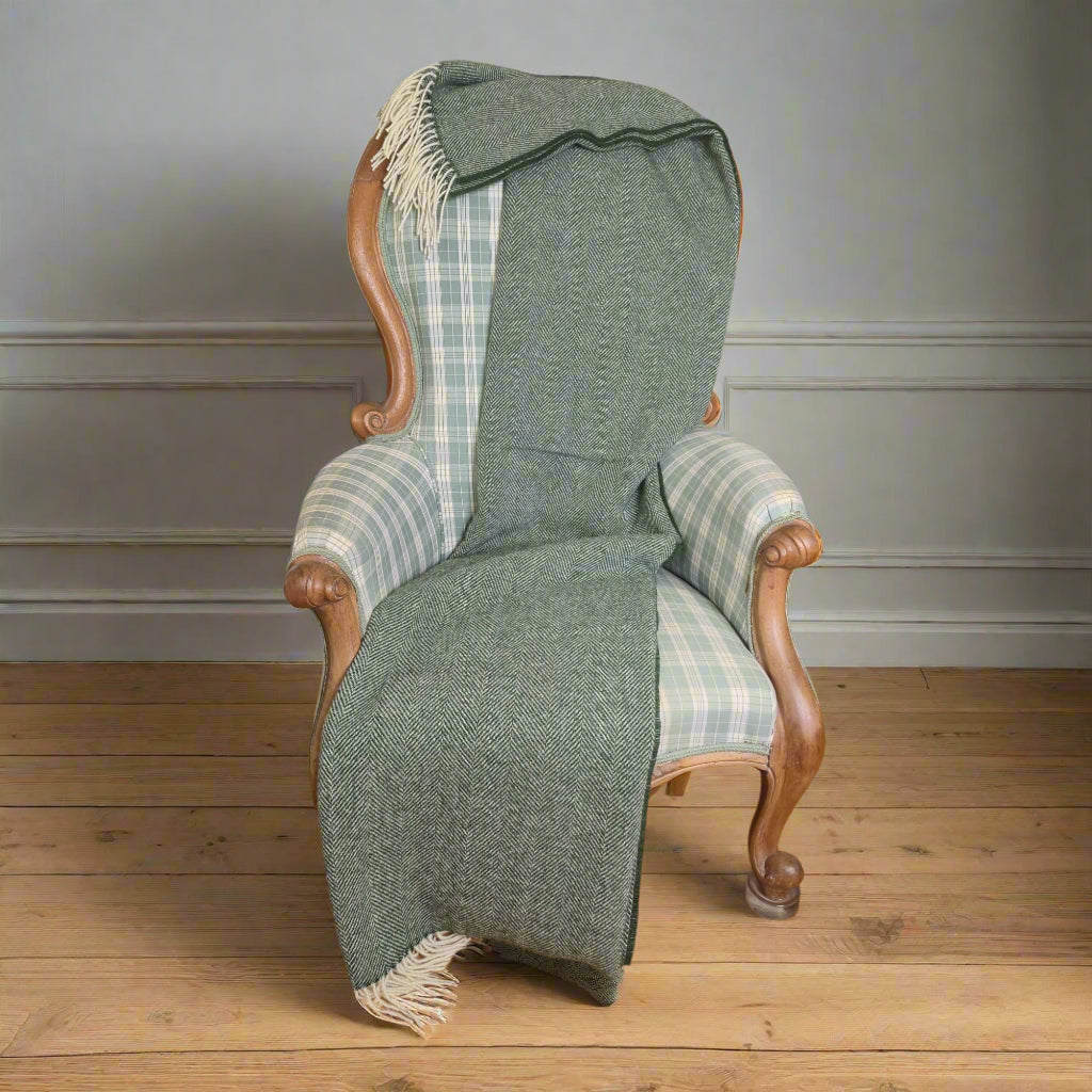 Pure Wool Throw Blanket | Herringbone | Celtic Green