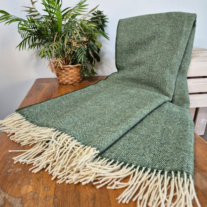 Pure Wool Throw Blanket | Herringbone | Celtic Green