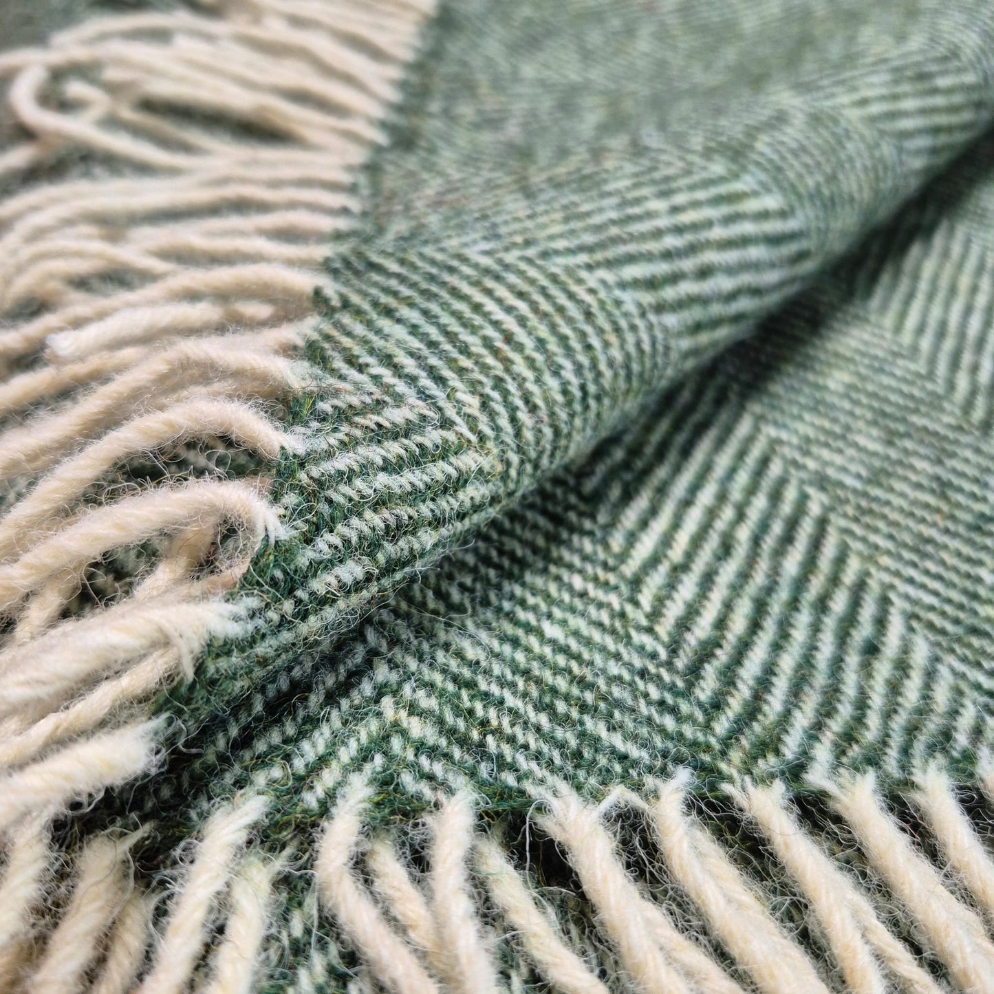 Pure Wool Throw Blanket | Herringbone | Celtic Green