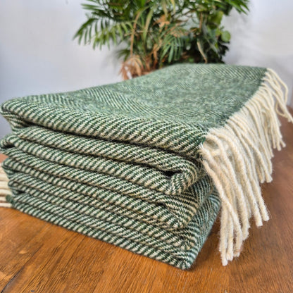 Pure Wool Throw Blanket | Herringbone | Celtic Green