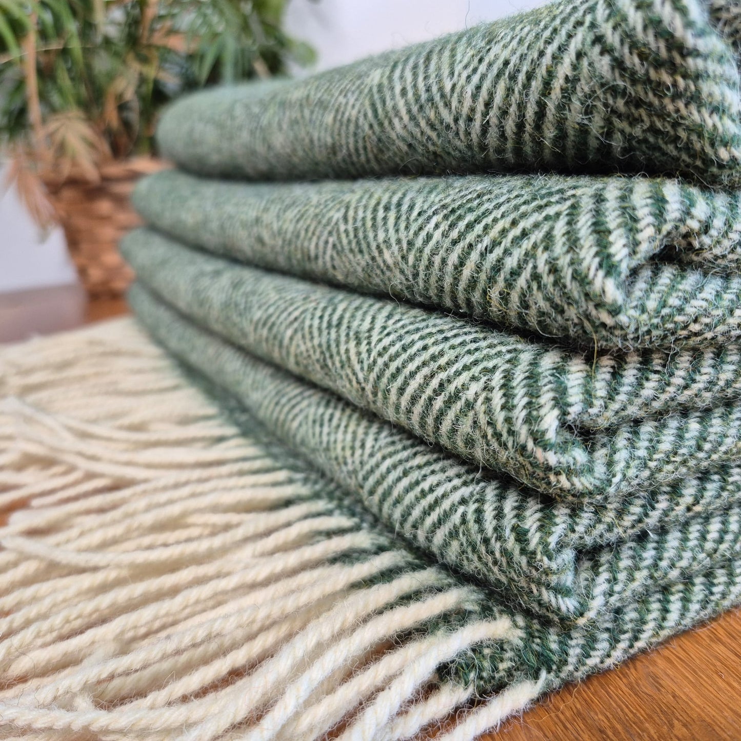 Pure Wool Throw Blanket | Herringbone | Celtic Green
