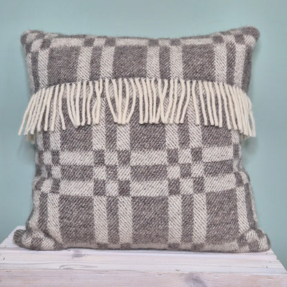 Pure Wool Cushion | Grey Geometric w/Fringe