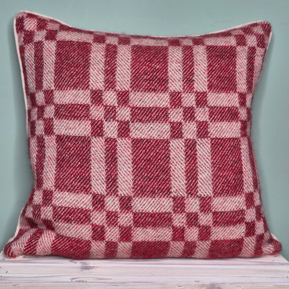 Pure Wool Cushion | Red Inverse Geometric Squares w/Piped Edging