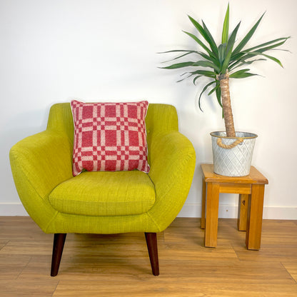 Pure Wool Cushion | Red Inverse Geometric Squares w/Piped Edging