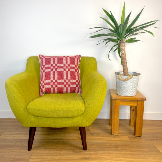 Pure Wool Cushion | Red Inverse Geometric Squares w/Piped Edging
