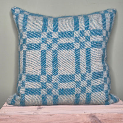 Pure Wool Cushion | Sky Blue Inverse Geometric Squares