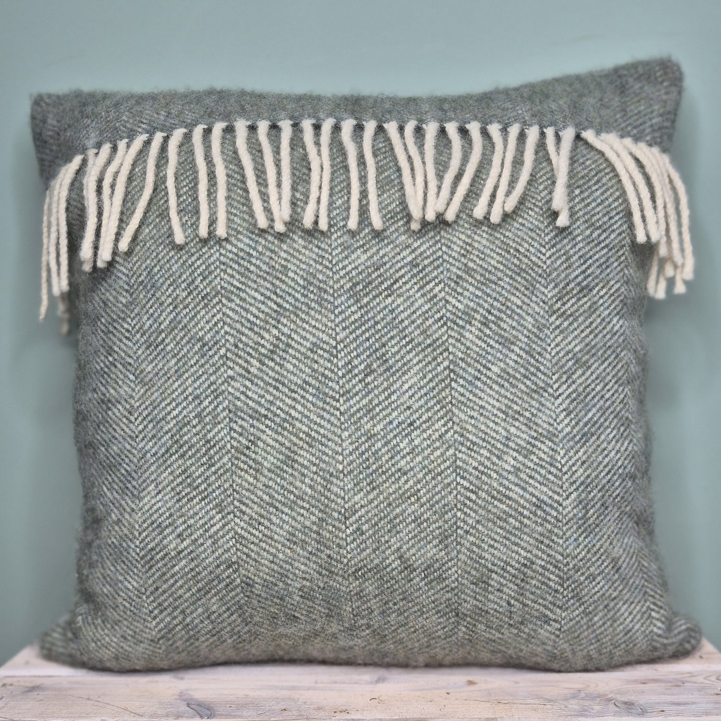 Pure Wool Cushion | Moss Green w/Fringe
