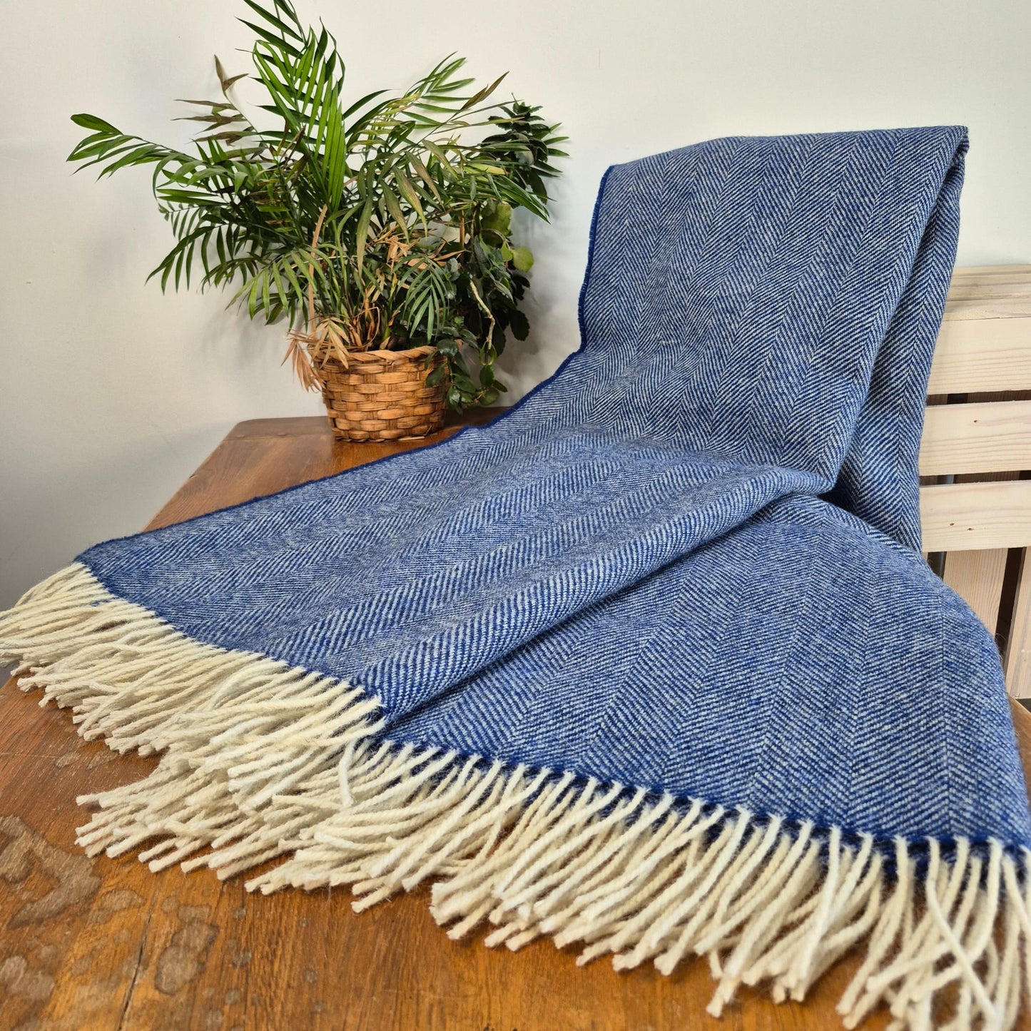 Pure Wool Throw Blanket | Herringbone | Indigo