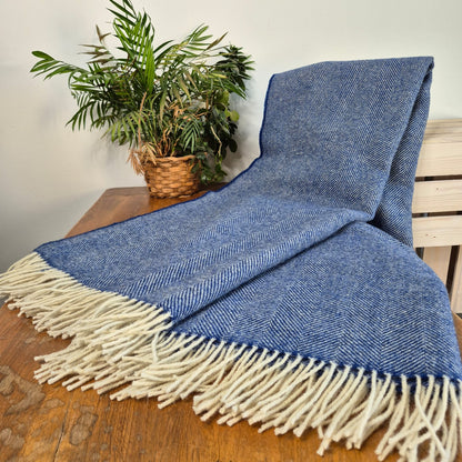 Pure Wool Throw Blanket | Herringbone | Indigo