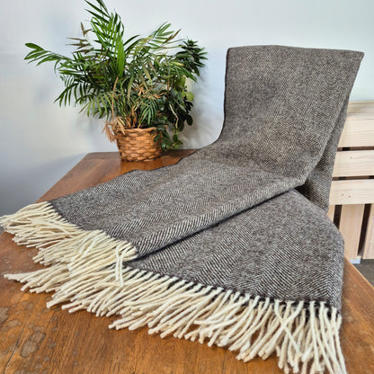 Pure Wool Throw Blanket | Herringbone | Dark Grey Natural