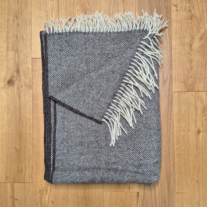 Pure Wool Throw Blanket | Herringbone | Dark Grey Natural