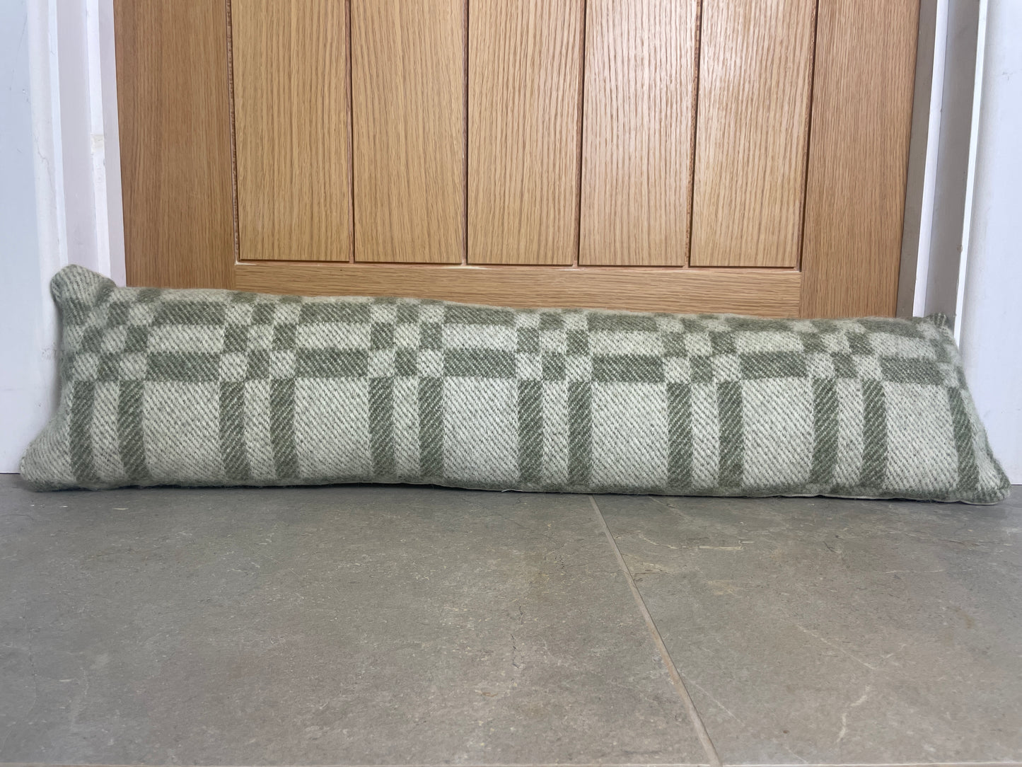 Pure Wool Draught Excluder (Moss Green Inverse Geometric)
