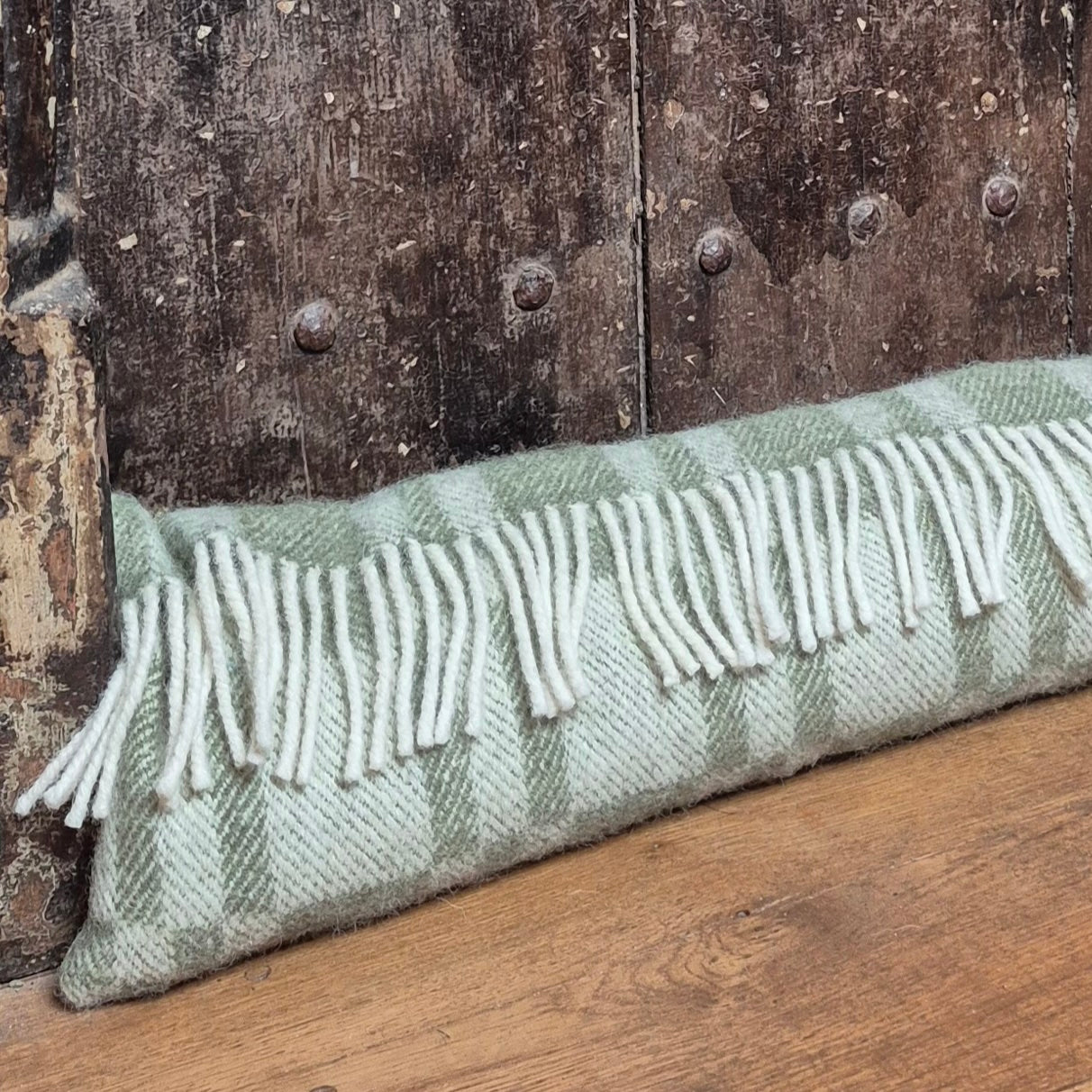 Pure Wool Draught Excluder (Moss Green Inverse Geometric w/Fringe)