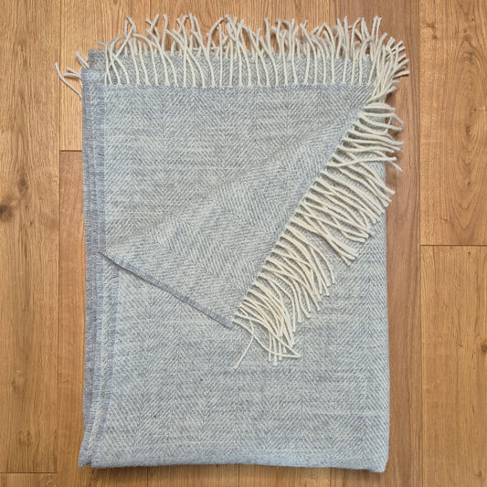 Pure Wool Throw Blanket | Herringbone | Pale Grey Haze