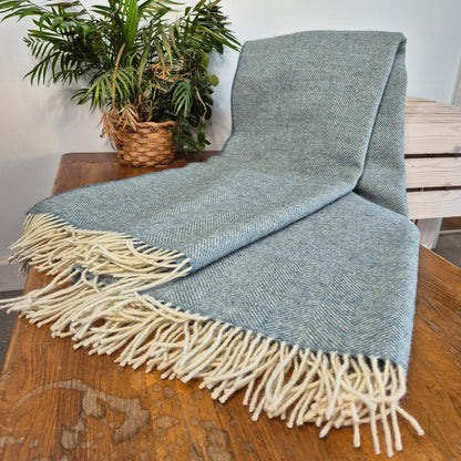 Pure Wool Throw Blanket | Herringbone | Summerstorm Blue
